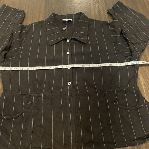Cottage Clothing Black Stripe 100% Linen Popken Hem Button Up Shirt Size XL - Picture 5 of 10